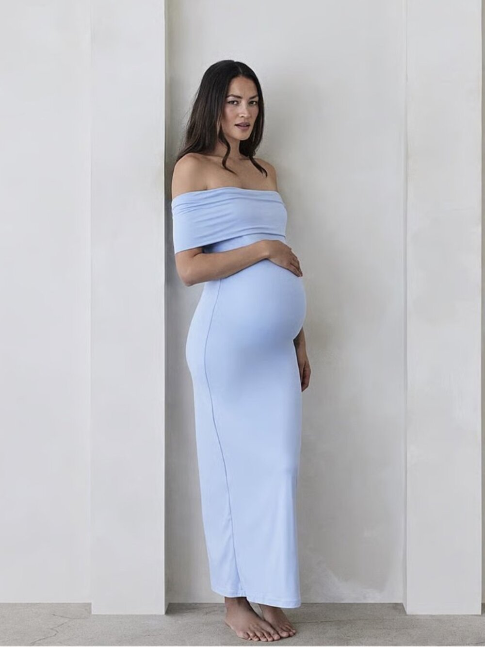 Off-Shoulder Maternity Midi Dress in Light Blue
